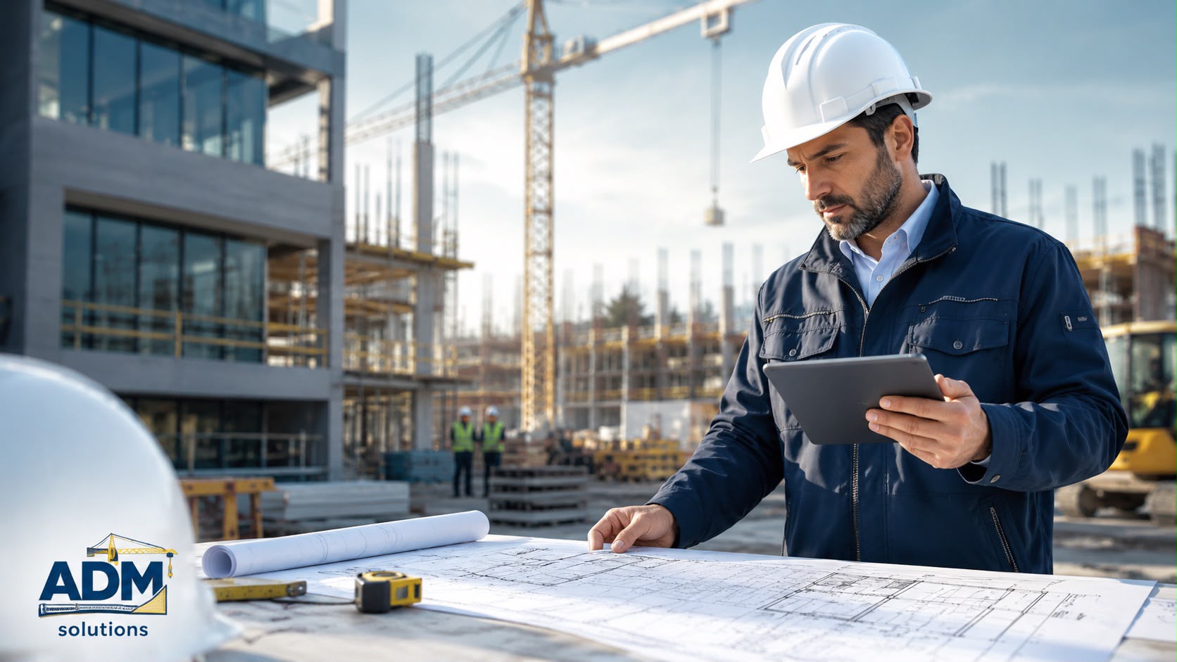 Tecnico ADM Solutions in cantiere mentre consulta gli elaborati di progetto